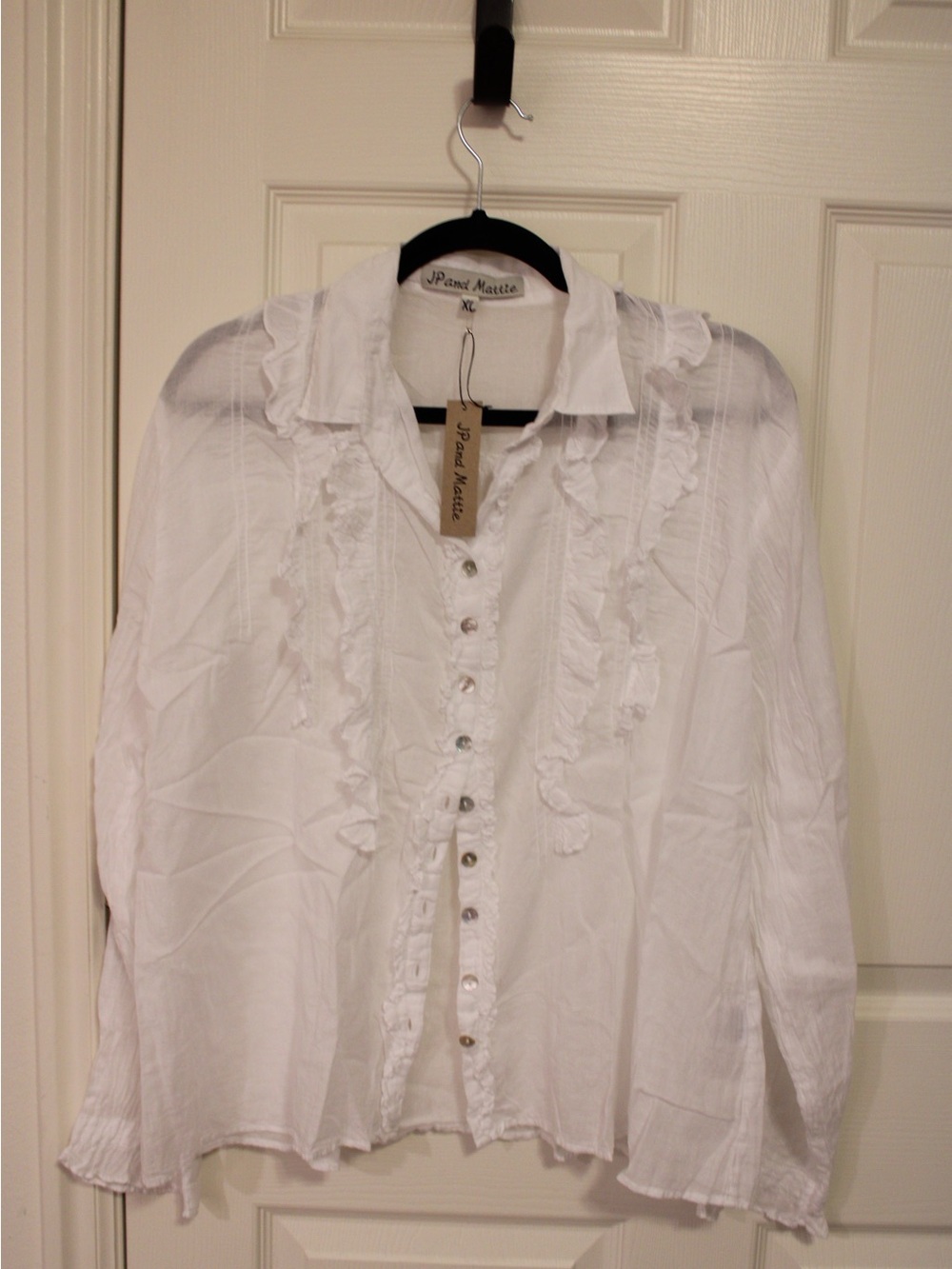Pearl Matte White Ruffle Button-Down Women's Shirt